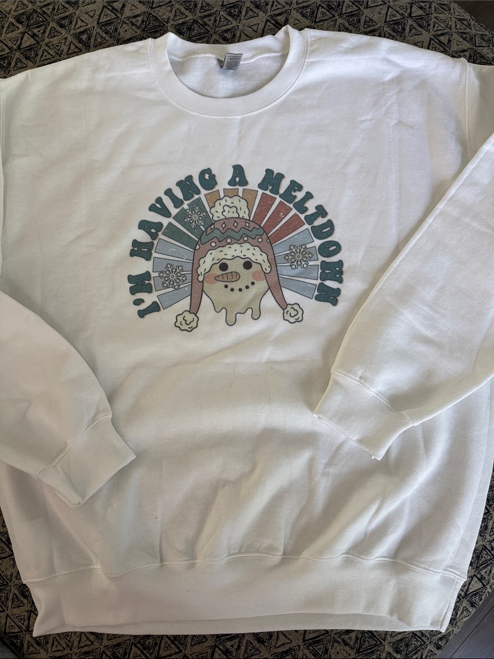 Gildan White Crewneck Sweatshirt with Retro Melting Snowman Graphic
